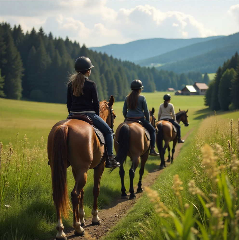 Gruppe von jungen Reiterinnen auf vier Pferden auf einer Wiese